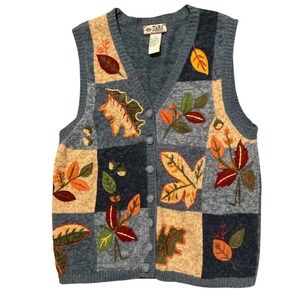Tiara International Vintage Autumn Leaf Patchwork Sweater Vest Blue Medium Fall